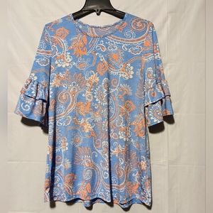 Adorable EUC Women's Tunic Blouse, Size Large, Elbow Double Ruffle Bell Sleeves